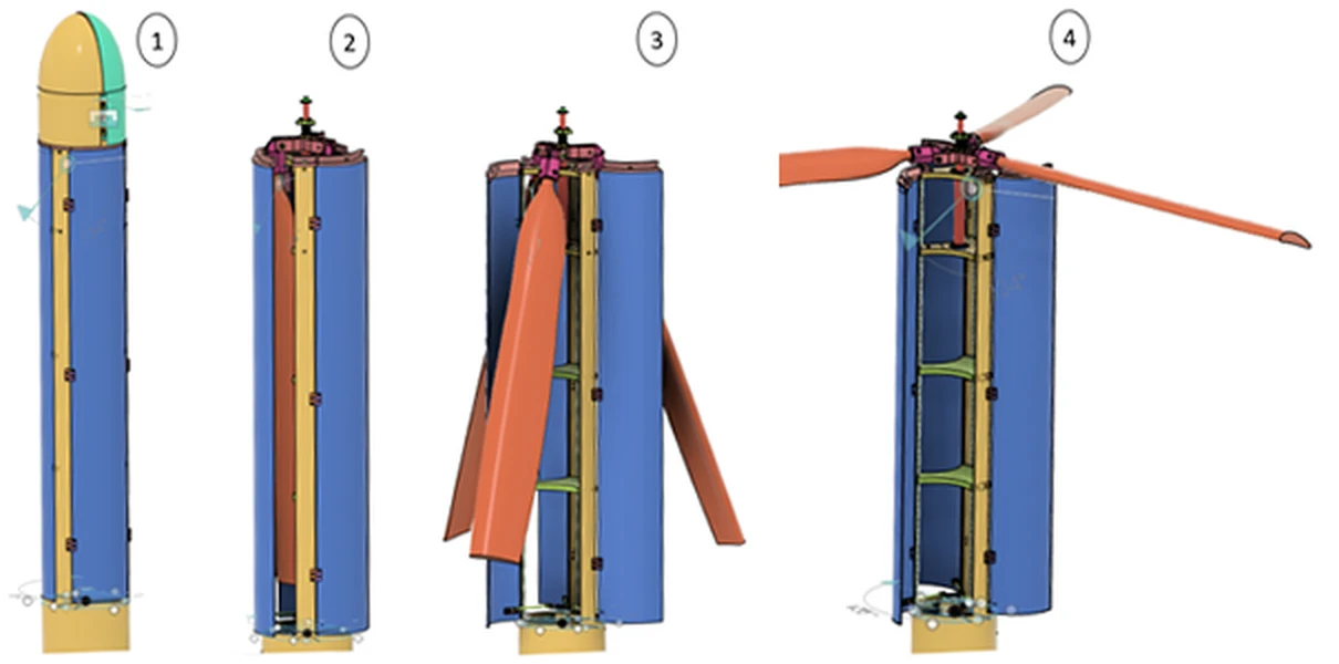 Four-step diagram of the trap doors opening and the blades deploying